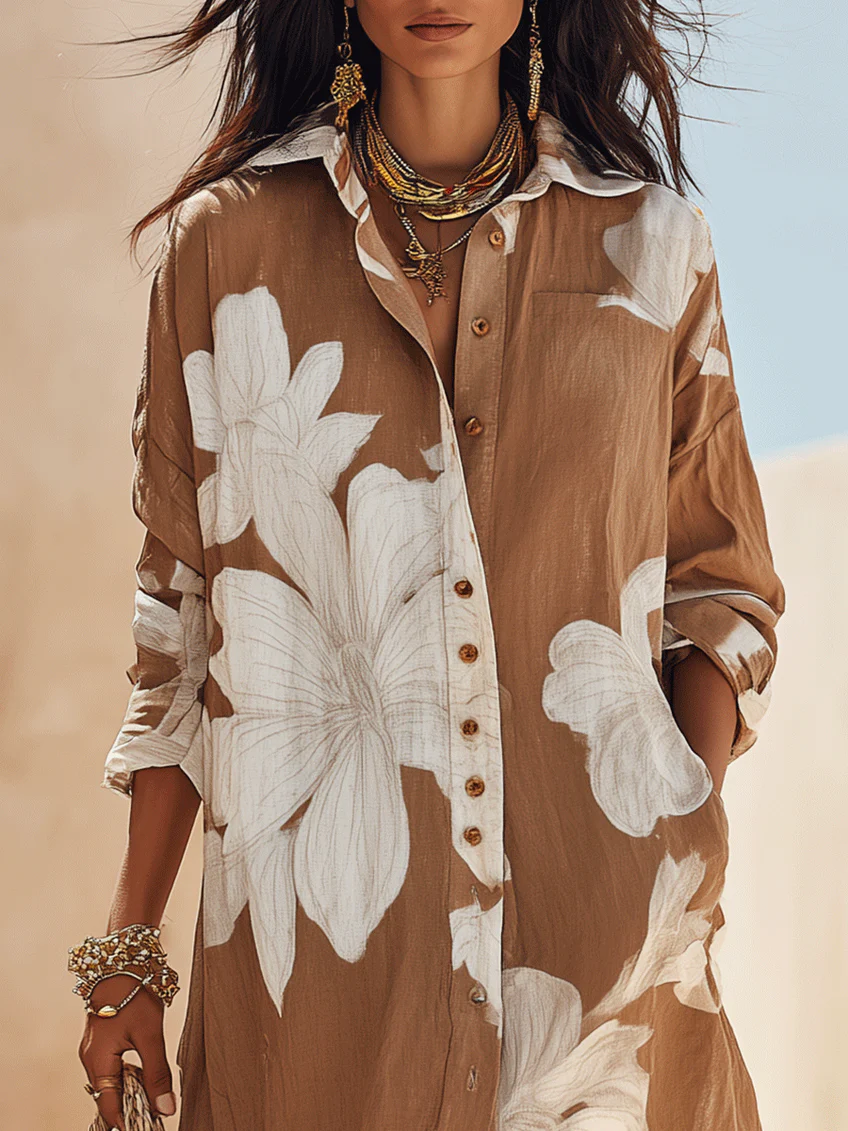 Fiorella™ | Floral Print Vacation Maxi Shirt Dress