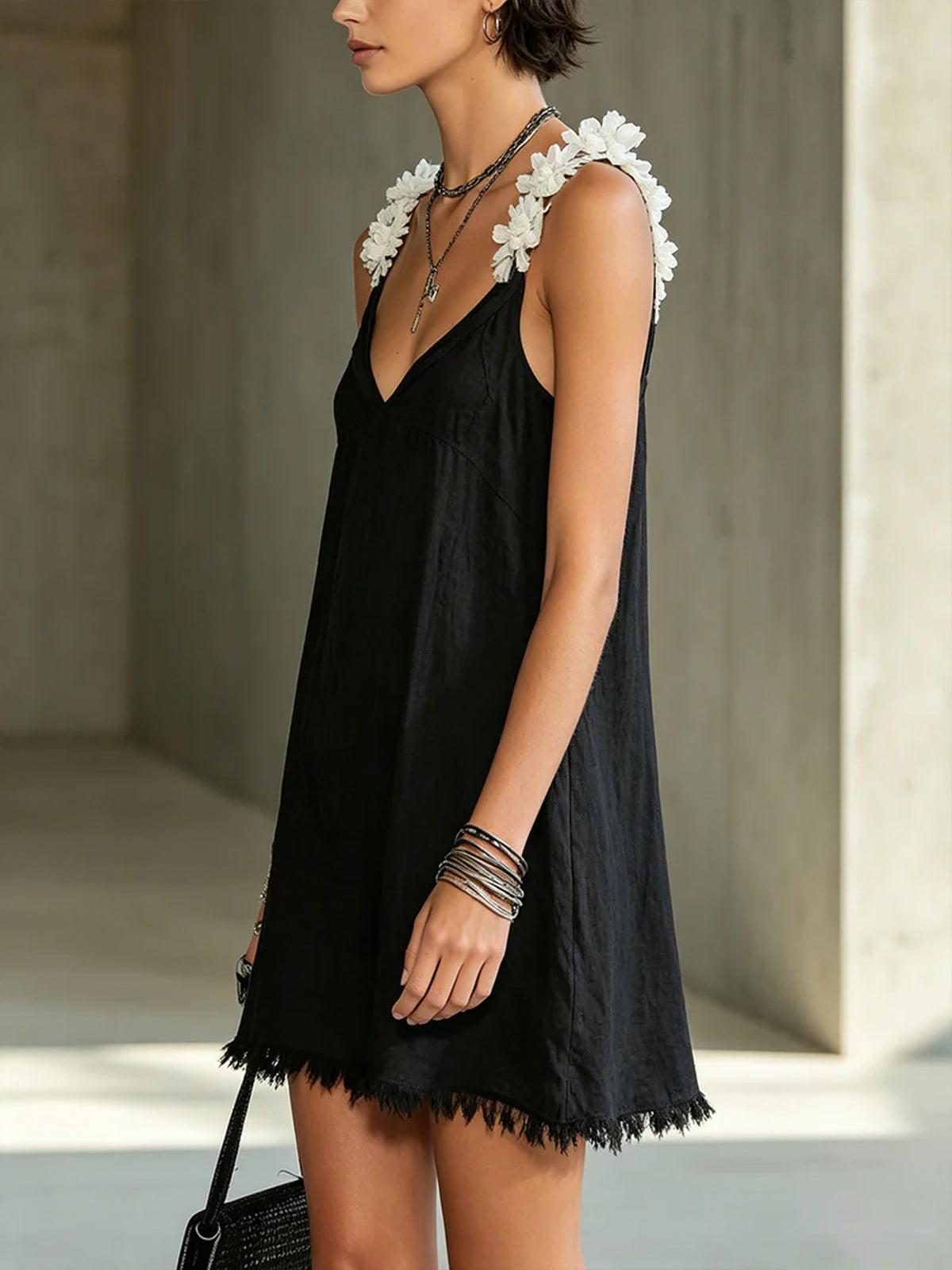 Pernille™ | Mini V-Neck Dress with Floral Strap Accents