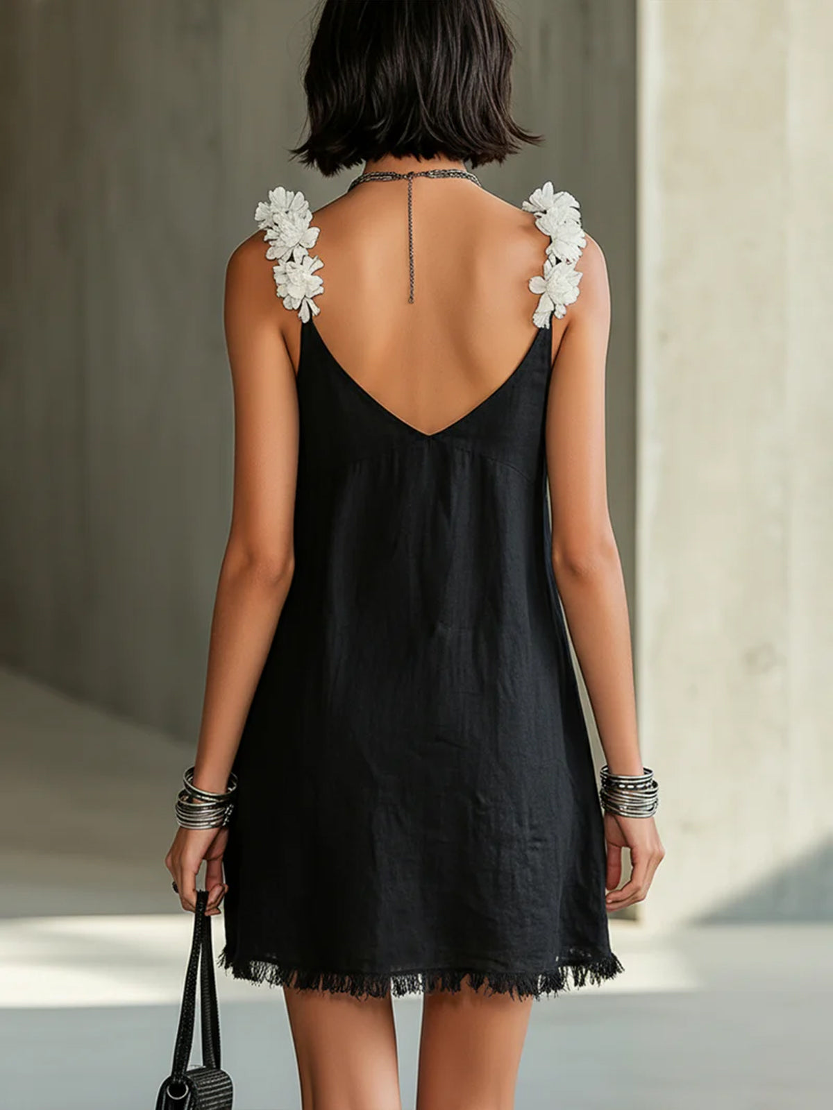 Pernille™ | Mini V-Neck Dress with Floral Strap Accents