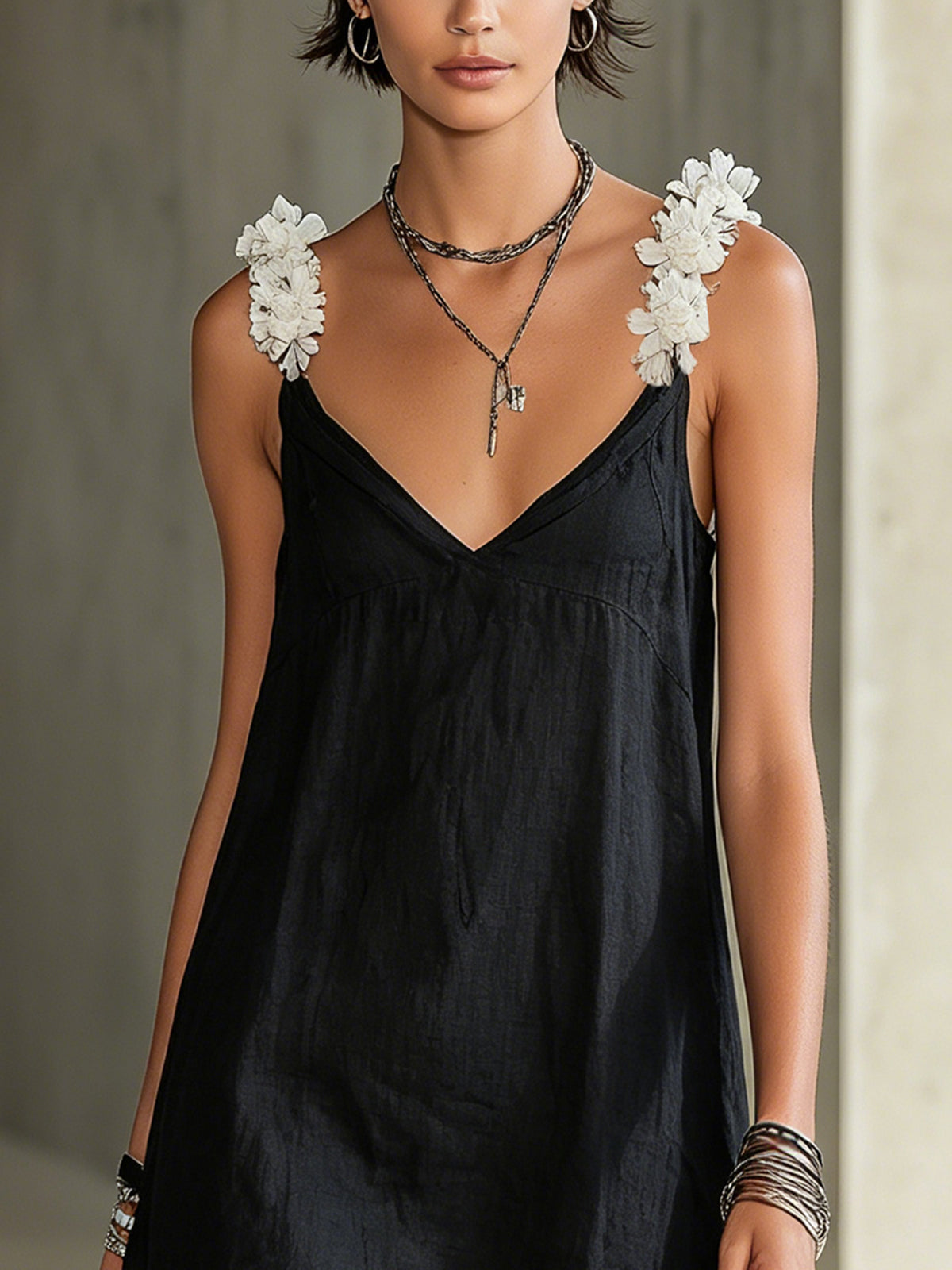 Pernille™ | Mini V-Neck Dress with Floral Strap Accents