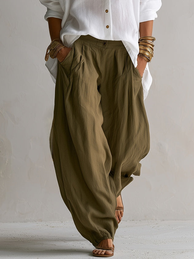 Capucine | White Loose Shirt and Olive Green Lantern Pants