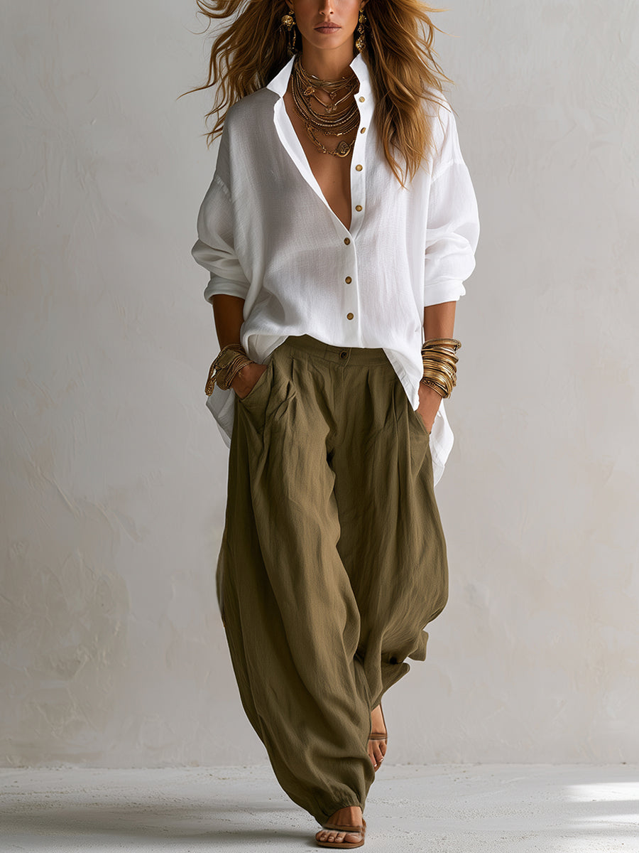 Capucine | White Loose Shirt and Olive Green Lantern Pants