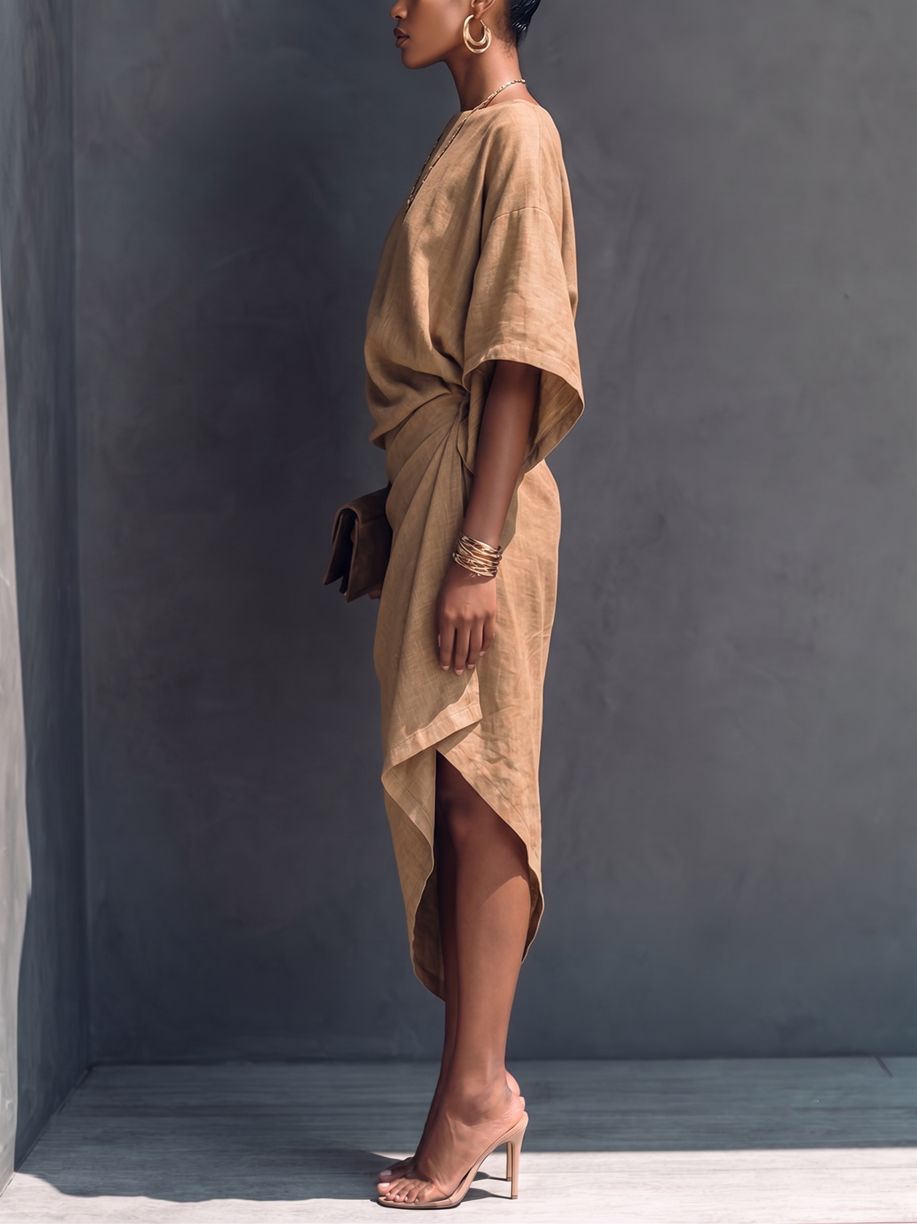 Orinthel™ | Draped Asymmetrical Short-Sleeve Midi Dress