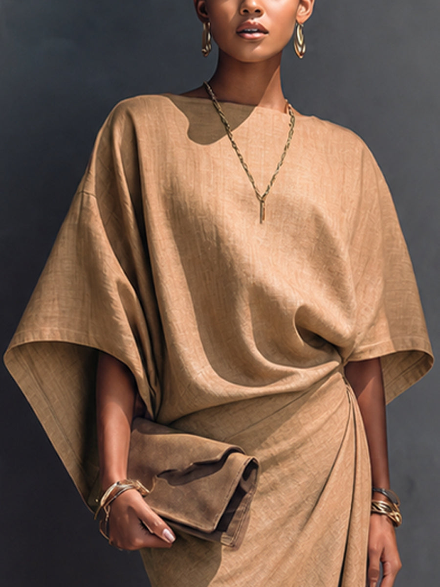 Orinthel™ | Draped Asymmetrical Short-Sleeve Midi Dress