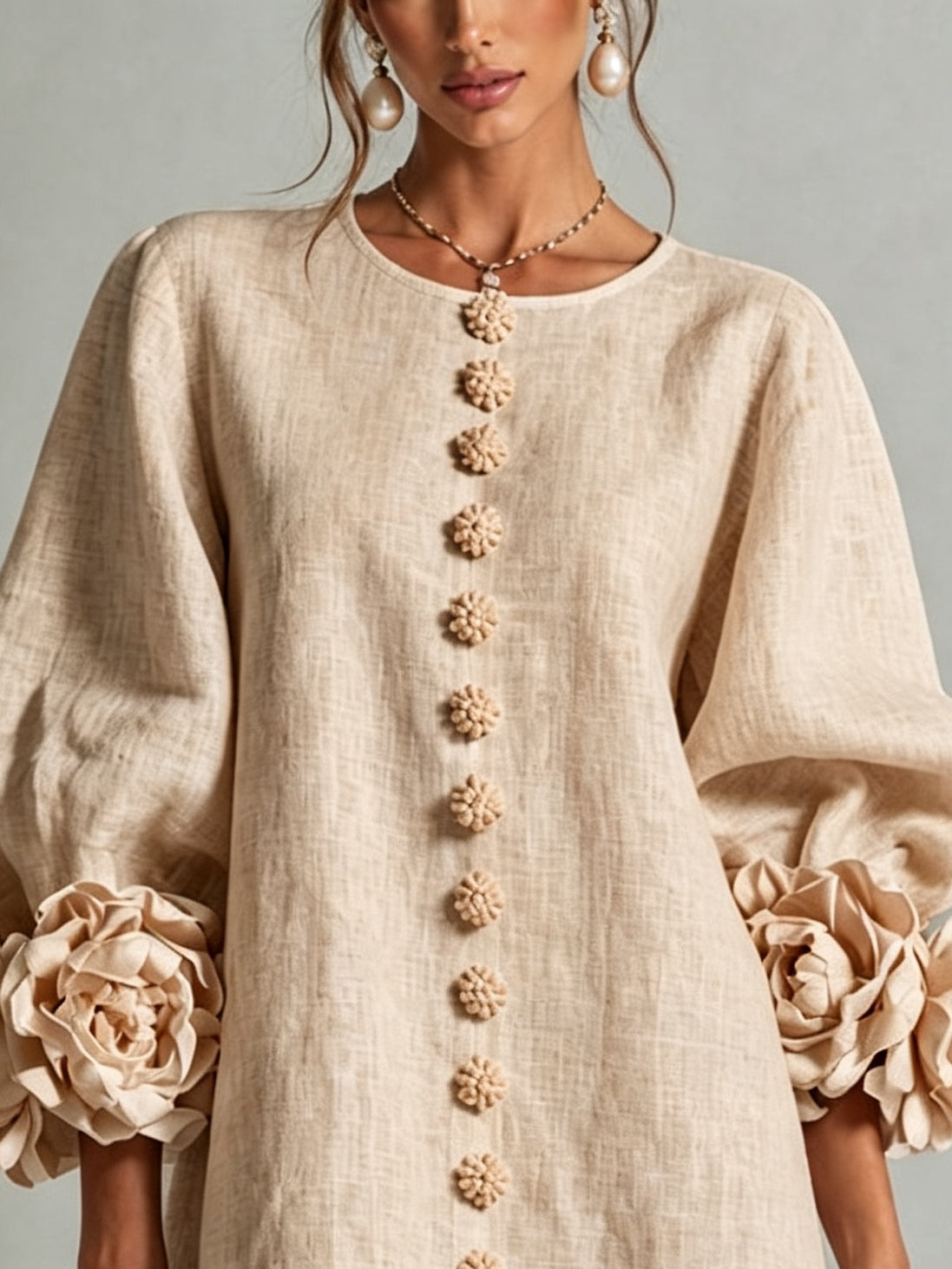 Clementine | Rosette-Cuff Button Shift Dress