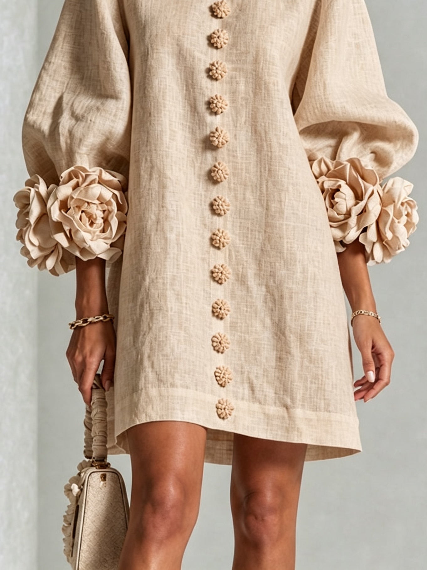 Clementine | Rosette-Cuff Button Shift Dress