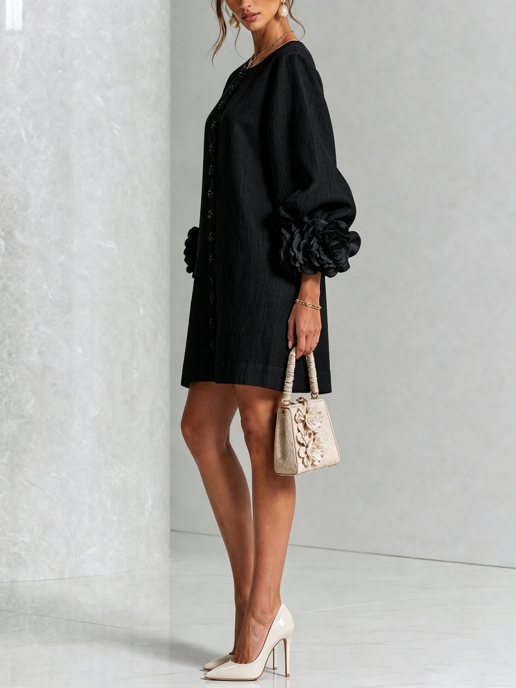 Florence™ | Floral Button-Down Mini Dress with Rose Knot Cuffs
