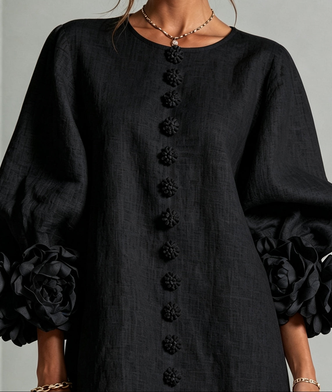 Clementine | Rosette-Cuff Button Shift Dress