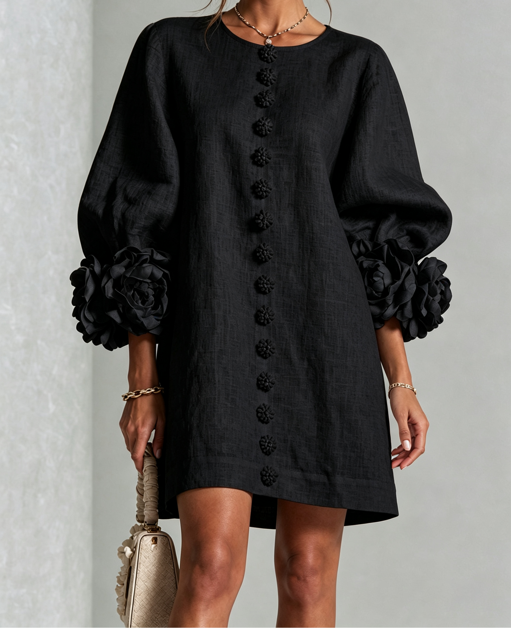 Clementine | Rosette-Cuff Button Shift Dress