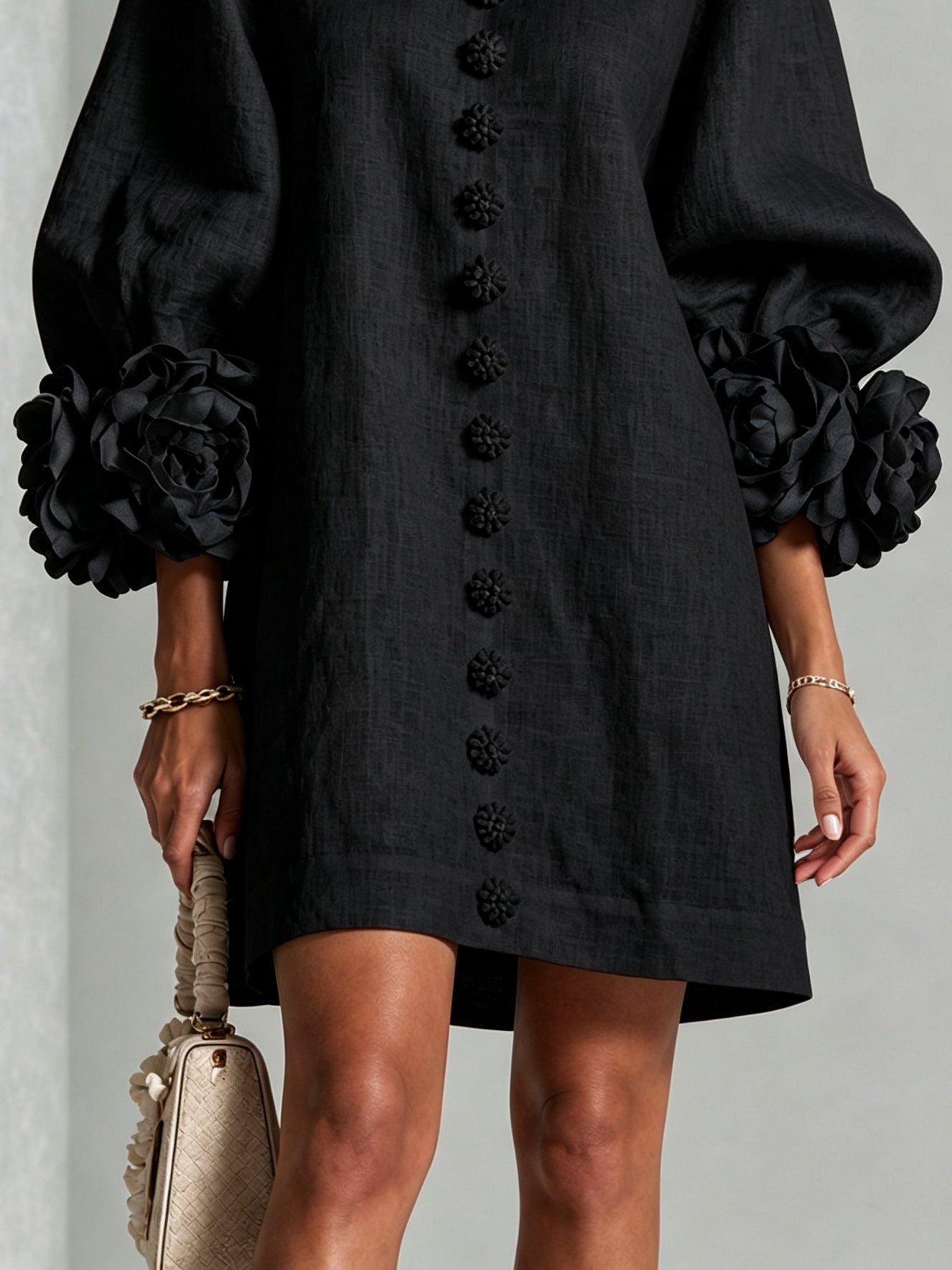 Clementine | Rosette-Cuff Button Shift Dress
