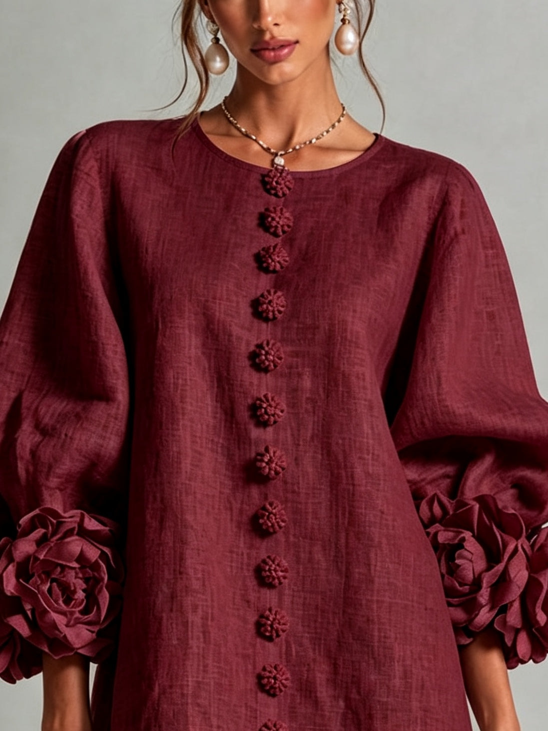 Clementine | Rosette-Cuff Button Shift Dress