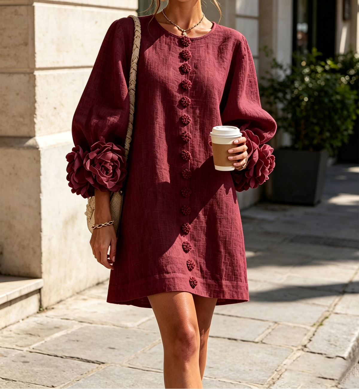 Clementine | Rosette-Cuff Button Shift Dress