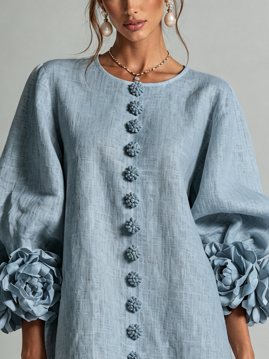 Clementine | Rosette-Cuff Button Shift Dress