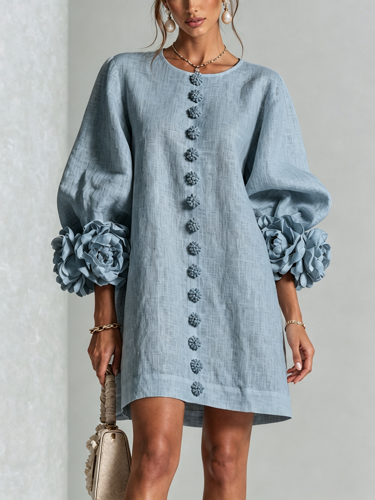 Clementine | Rosette-Cuff Button Shift Dress