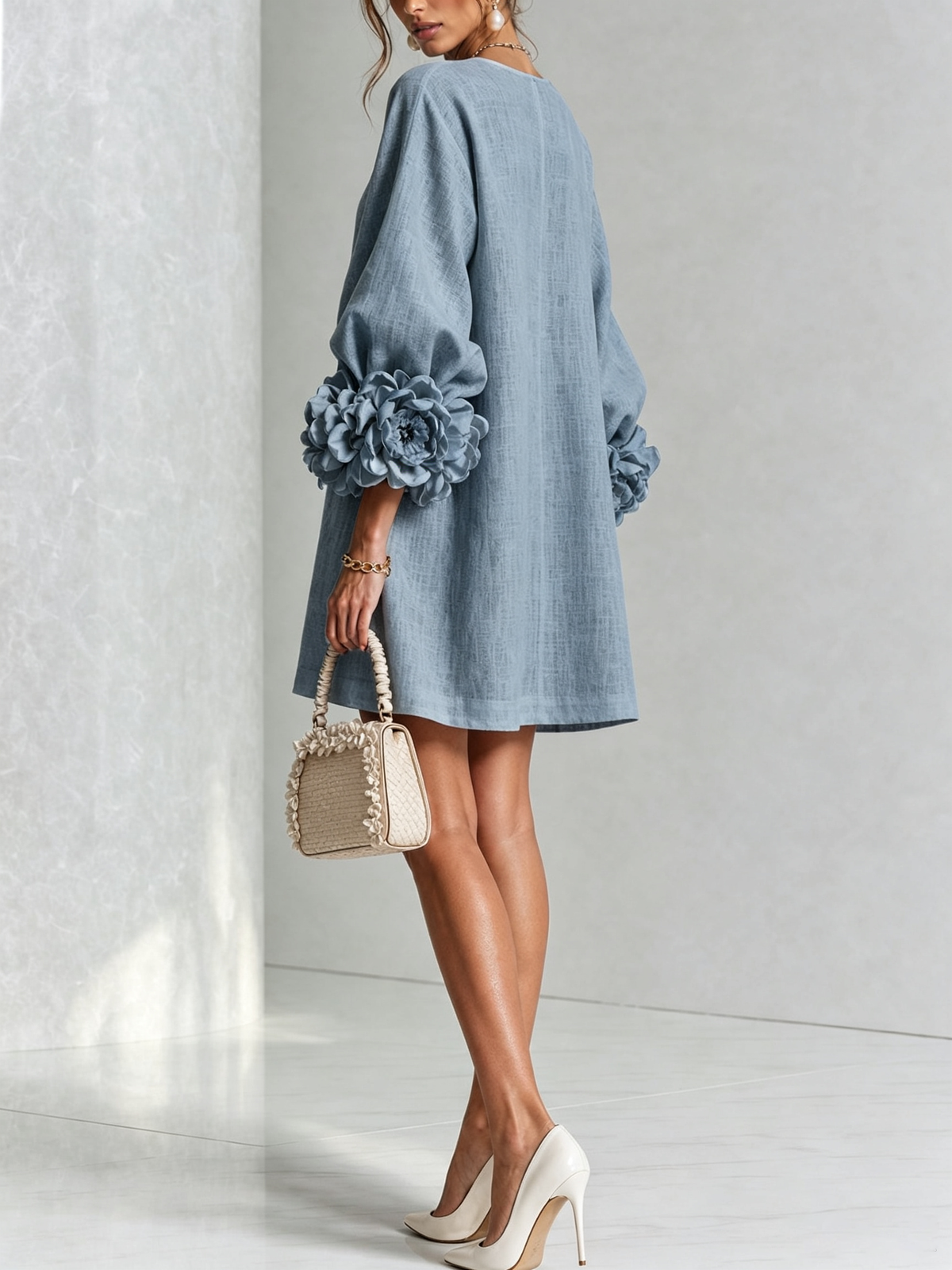Clementine | Rosette-Cuff Button Shift Dress