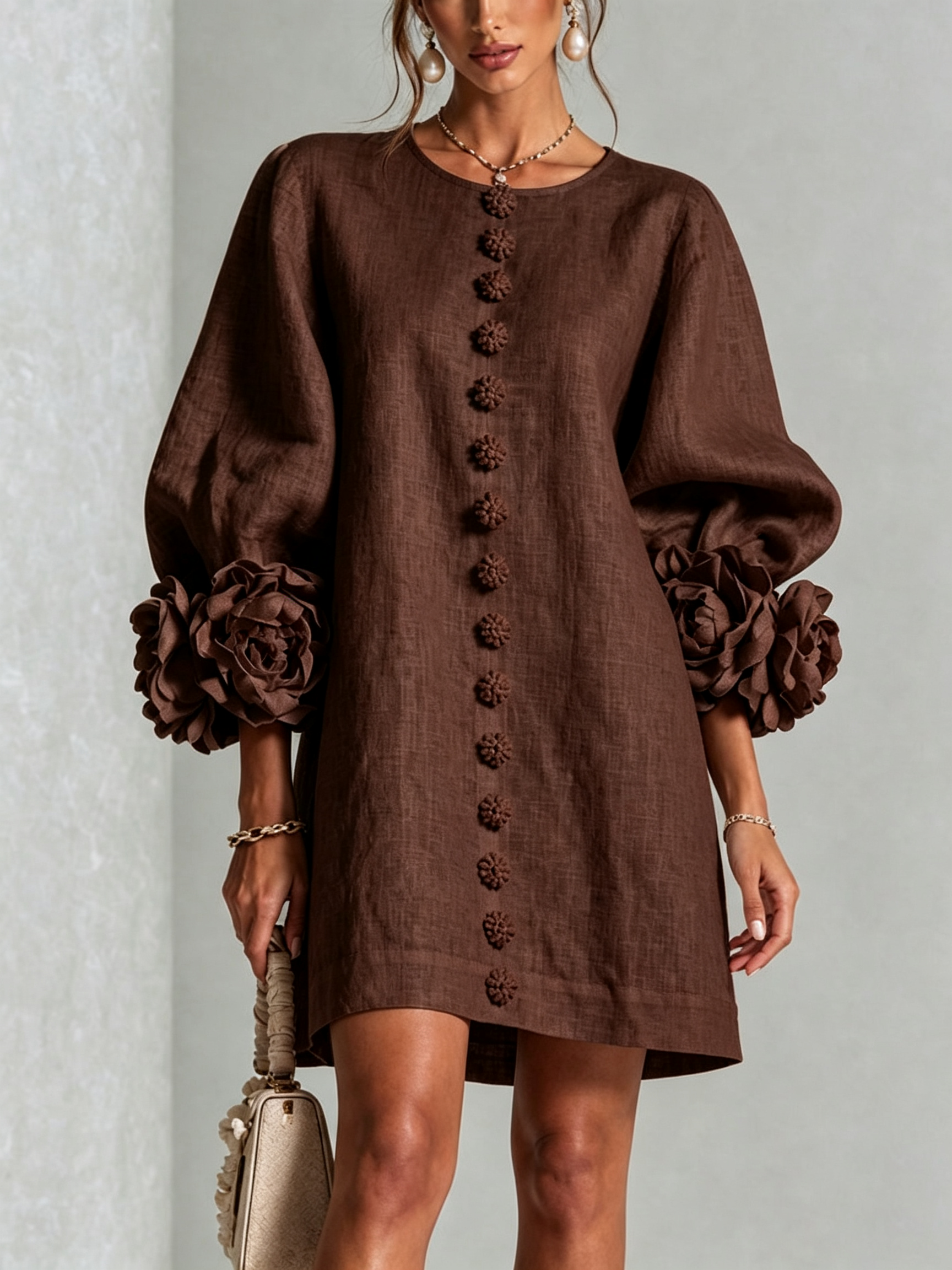 Clementine | Rosette-Cuff Button Shift Dress