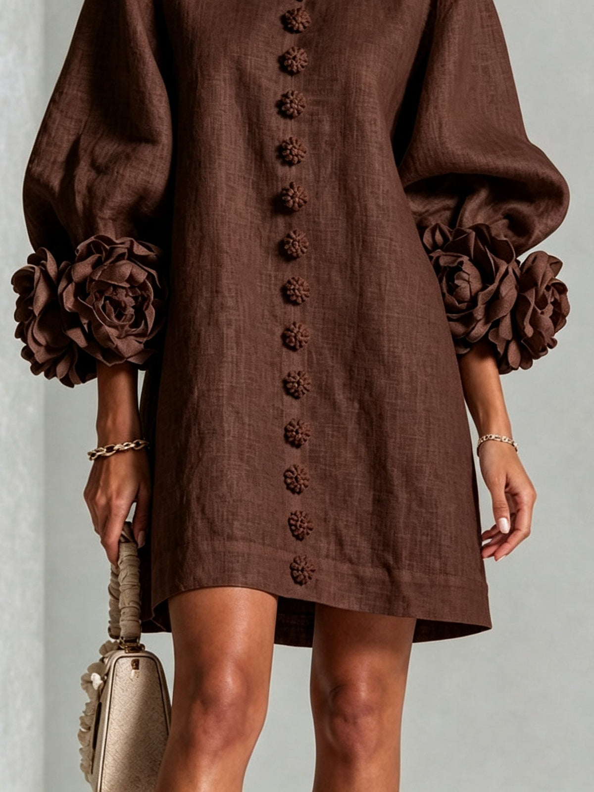 Clementine | Rosette-Cuff Button Shift Dress