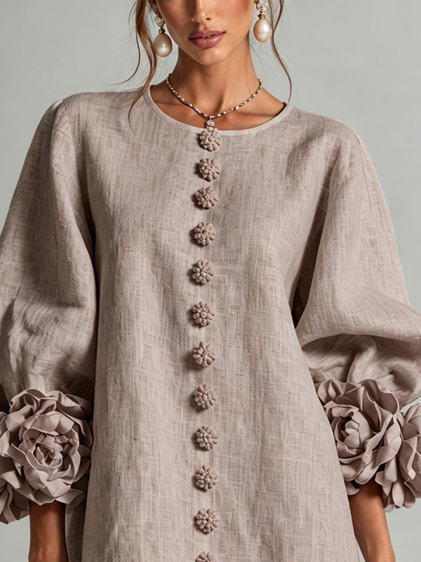 Clementine | Rosette-Cuff Button Shift Dress