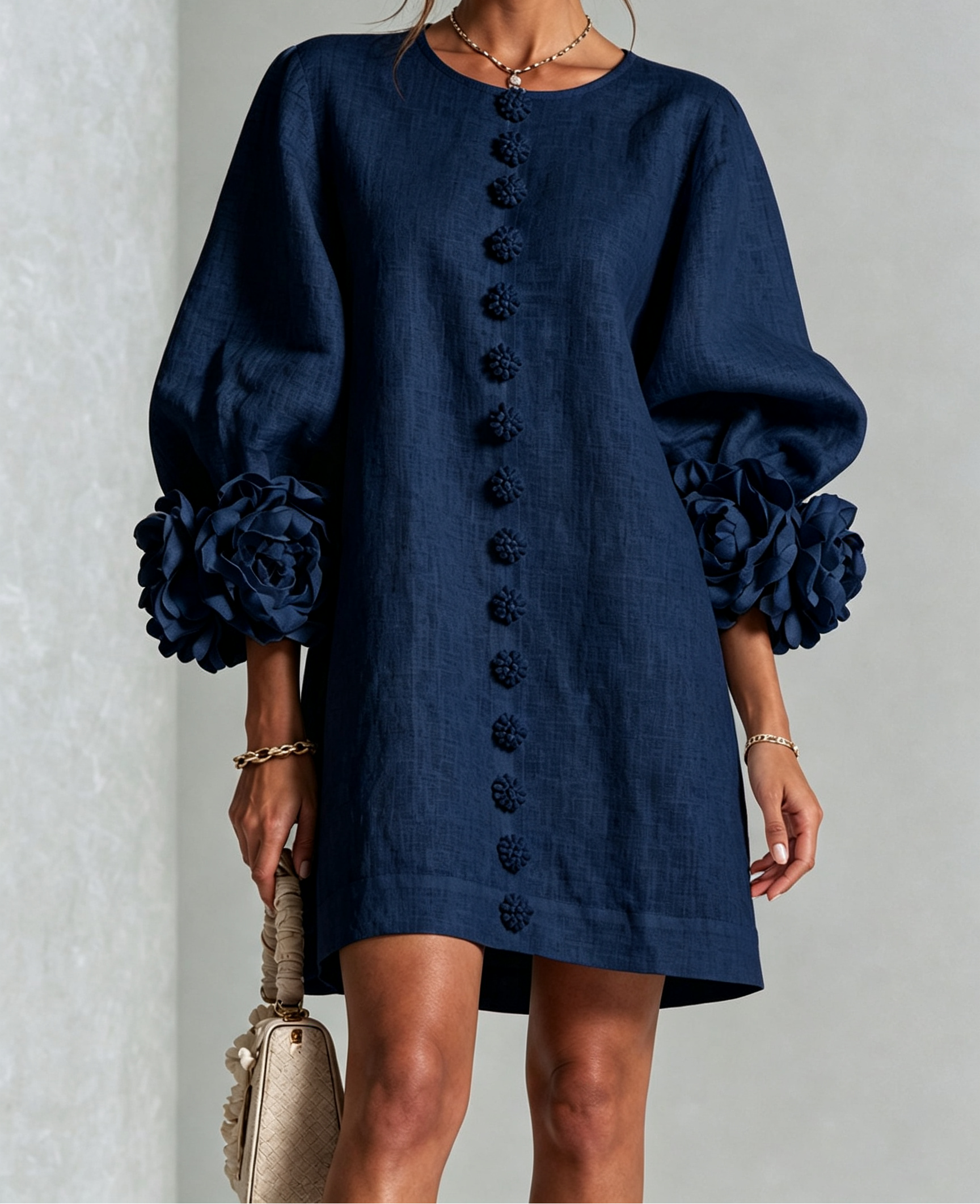 Clementine | Rosette-Cuff Button Shift Dress