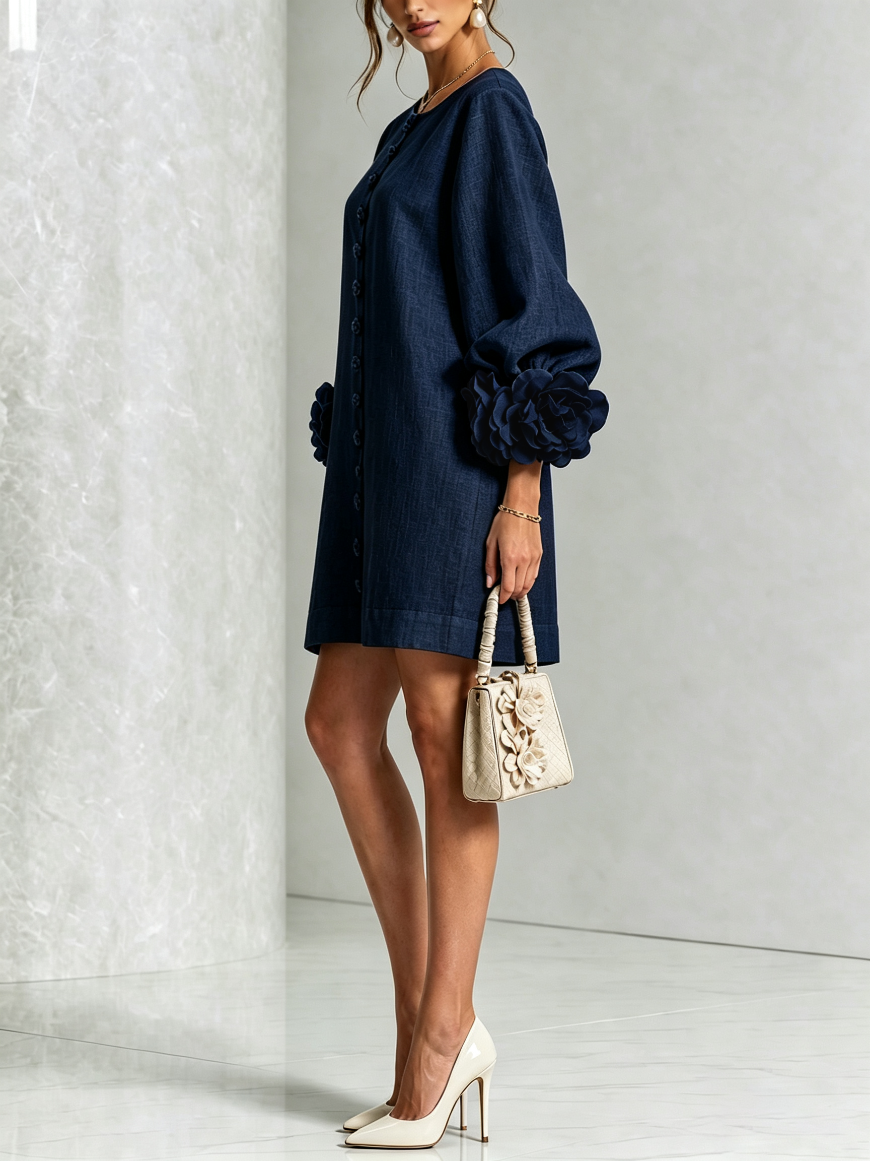 Florence™ | Floral Button-Down Mini Dress with Rose Knot Cuffs