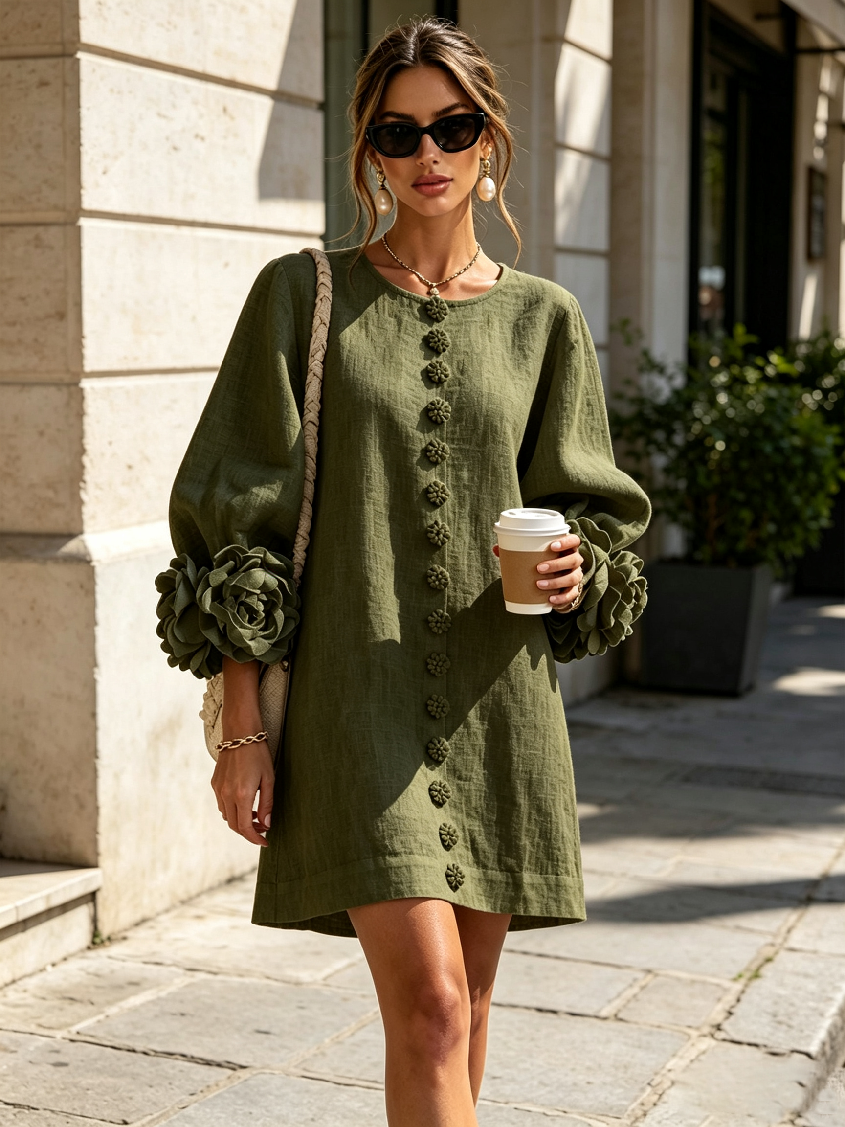 Florence™ | Floral Button-Down Mini Dress with Rose Knot Cuffs