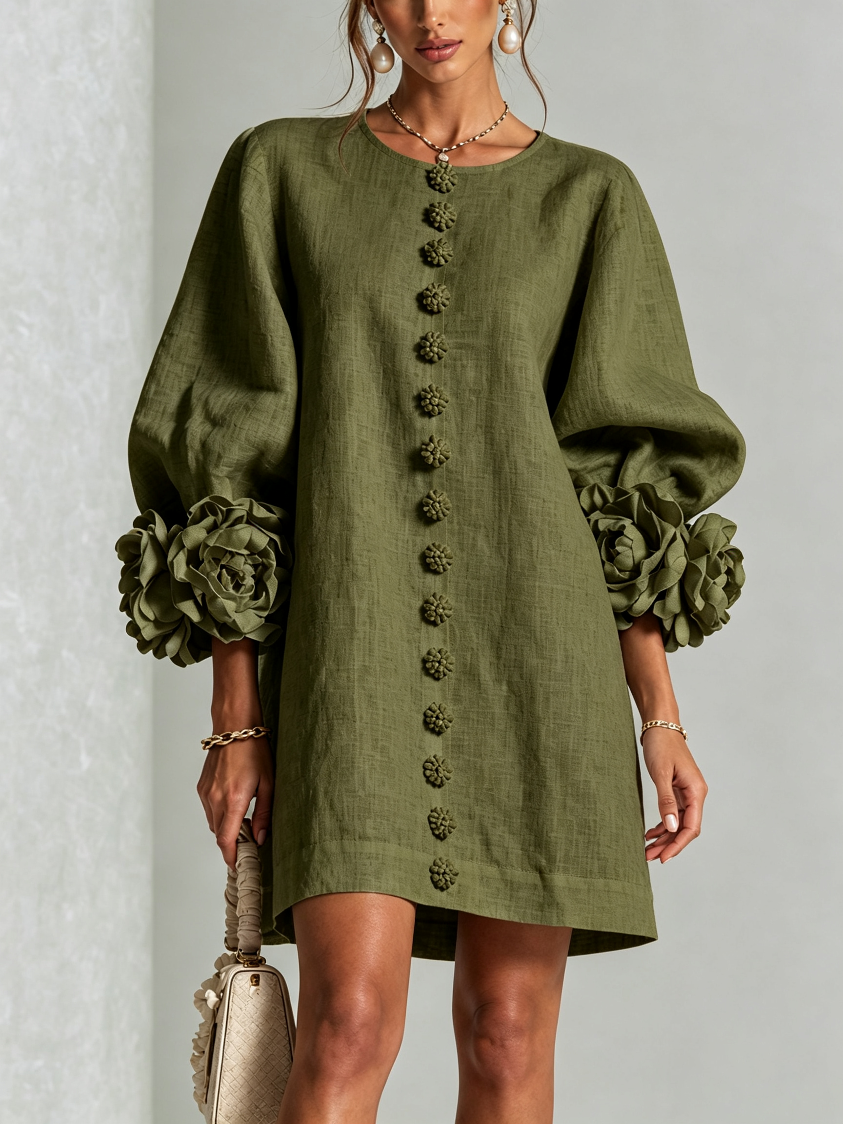 Florence™ | Floral Button-Down Mini Dress with Rose Knot Cuffs