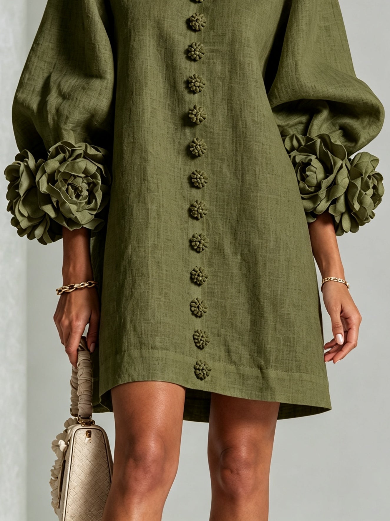 Clementine | Rosette-Cuff Button Shift Dress
