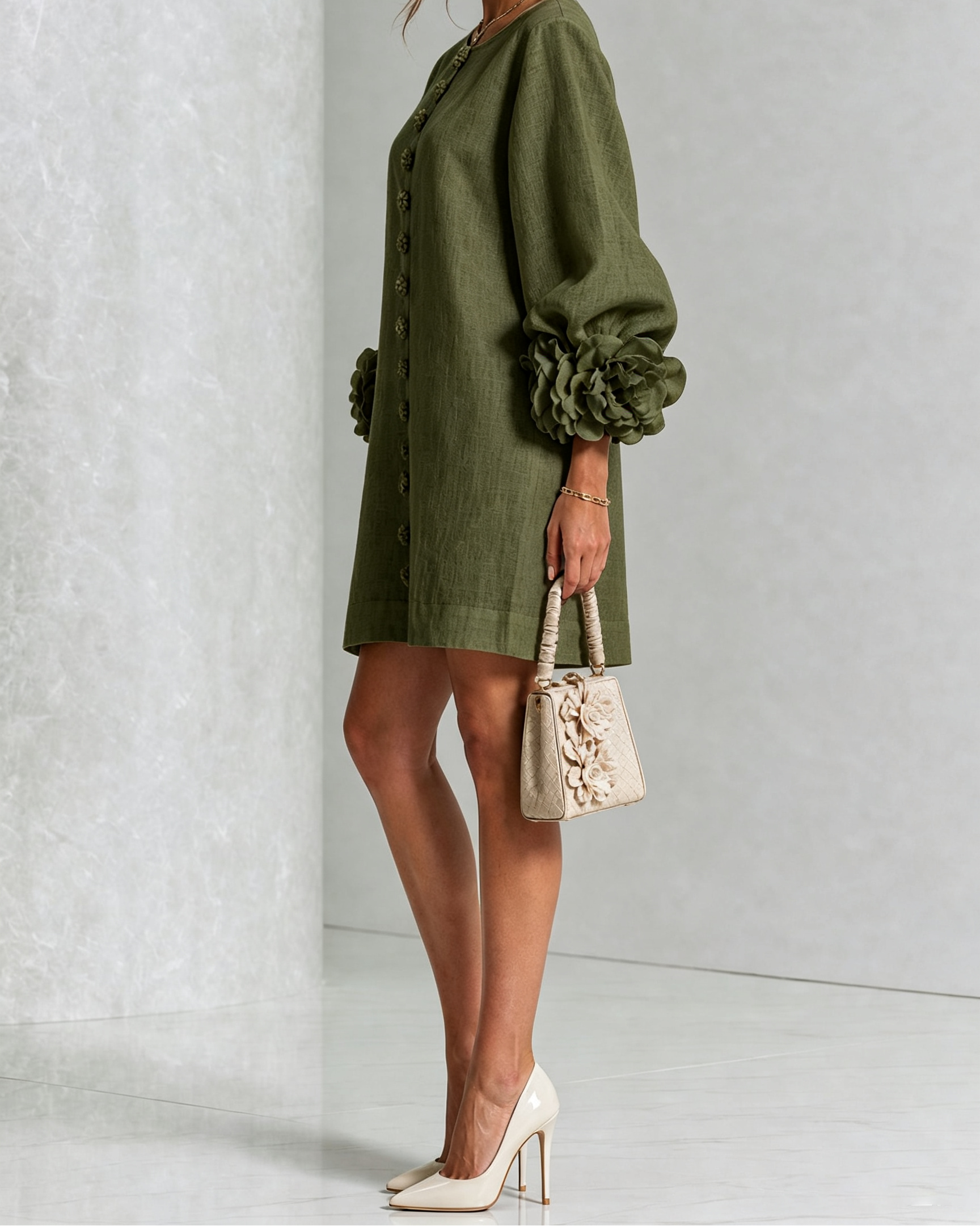 Clementine | Rosette-Cuff Button Shift Dress