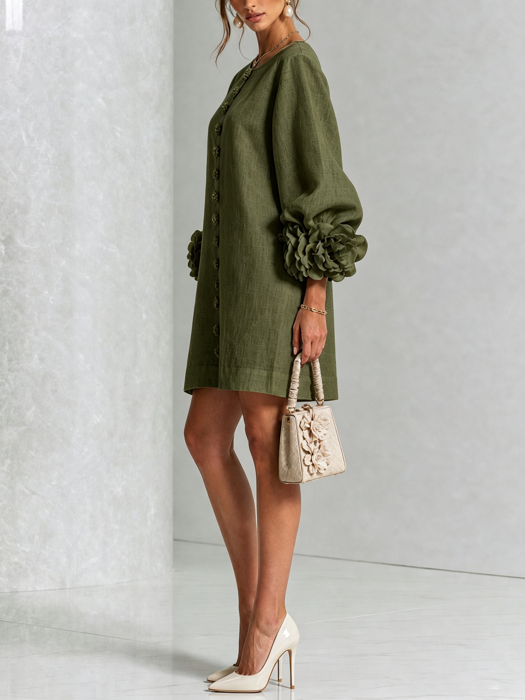 Florence™ | Floral Button-Down Mini Dress with Rose Knot Cuffs