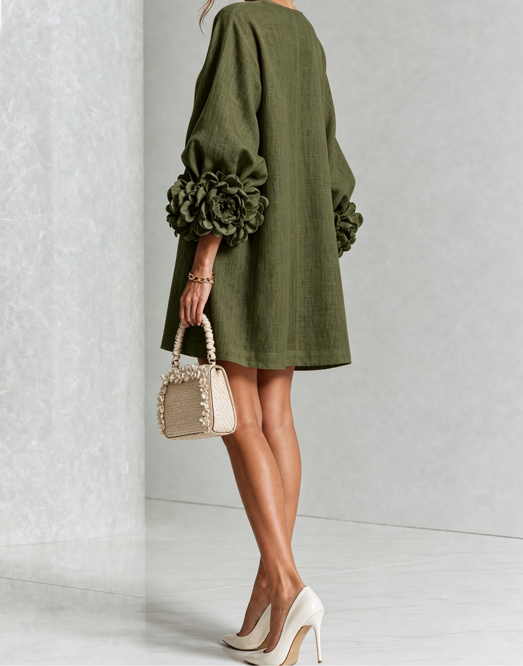 Clementine | Rosette-Cuff Button Shift Dress