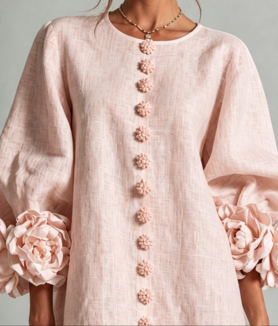 Clementine | Rosette-Cuff Button Shift Dress