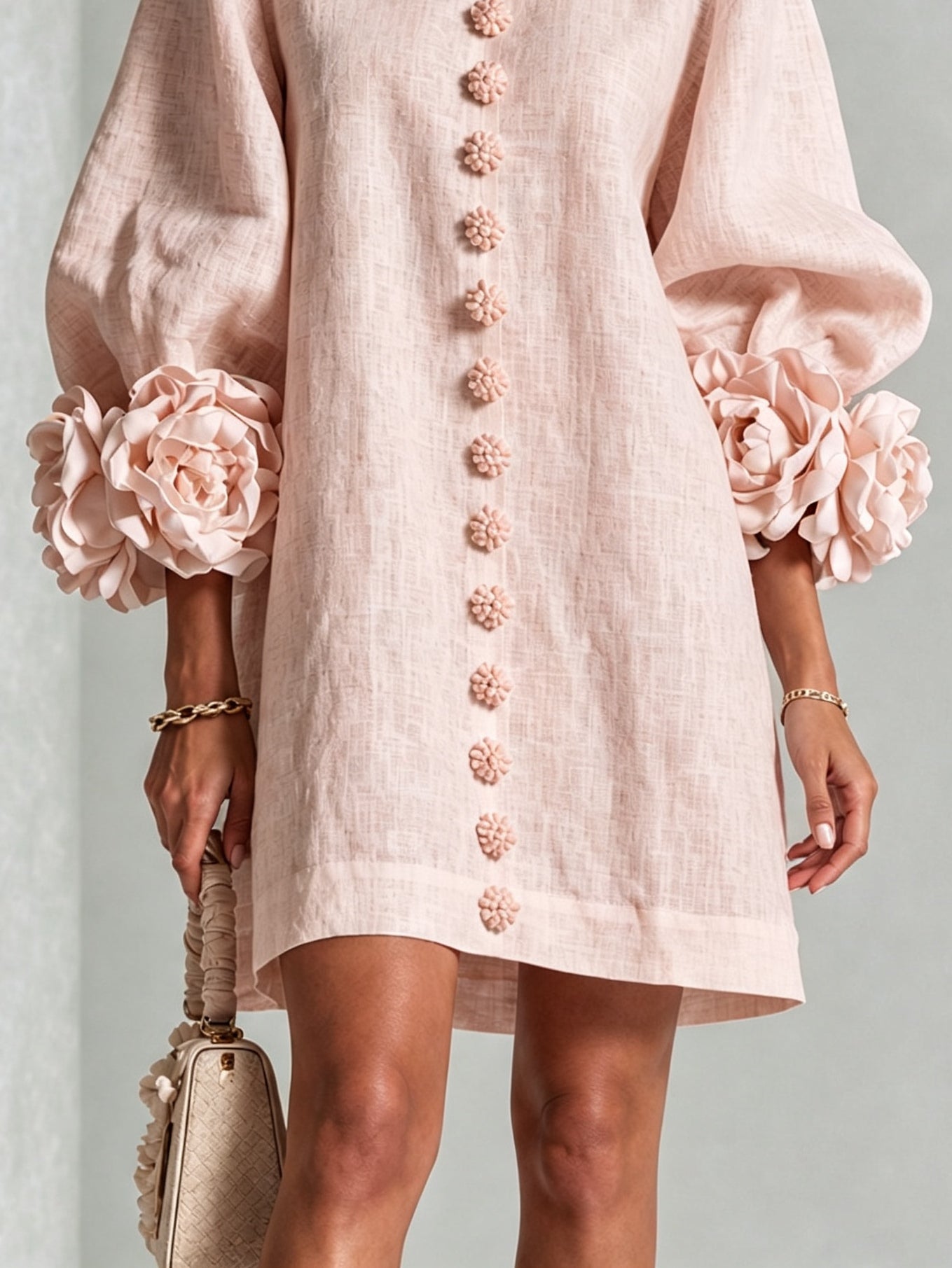 Clementine | Rosette-Cuff Button Shift Dress
