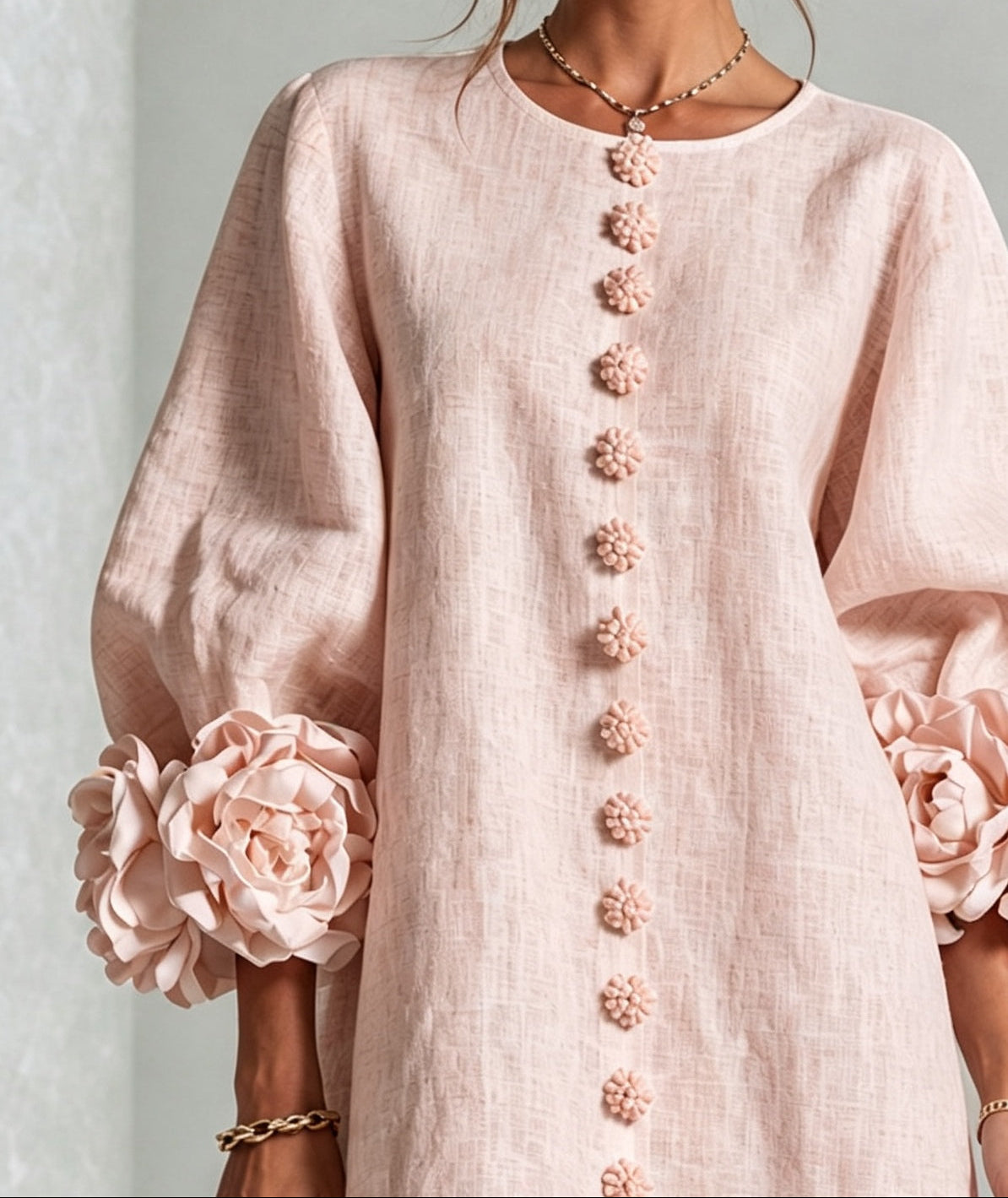 Clementine | Rosette-Cuff Button Shift Dress