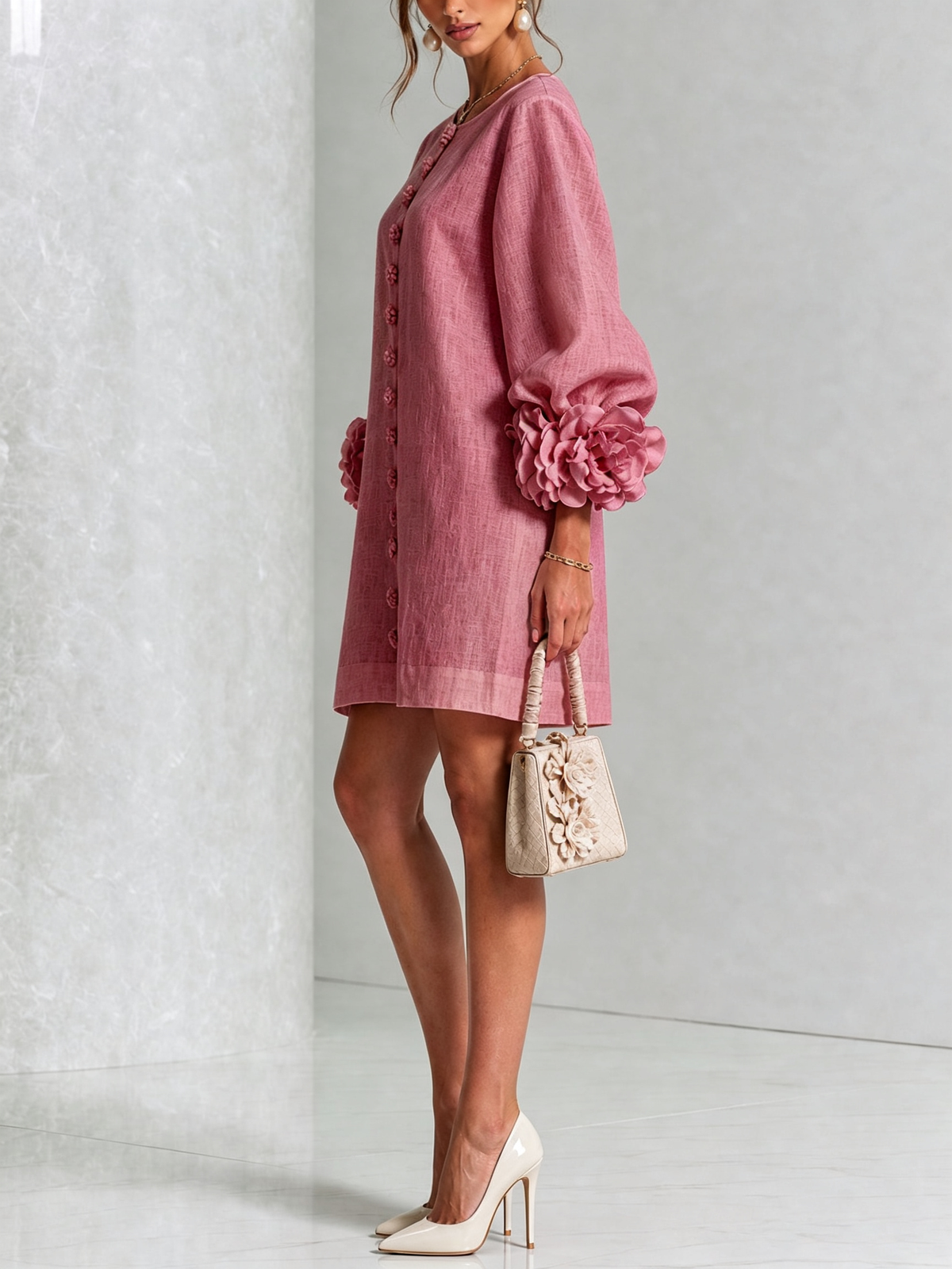 Clementine | Rosette-Cuff Button Shift Dress
