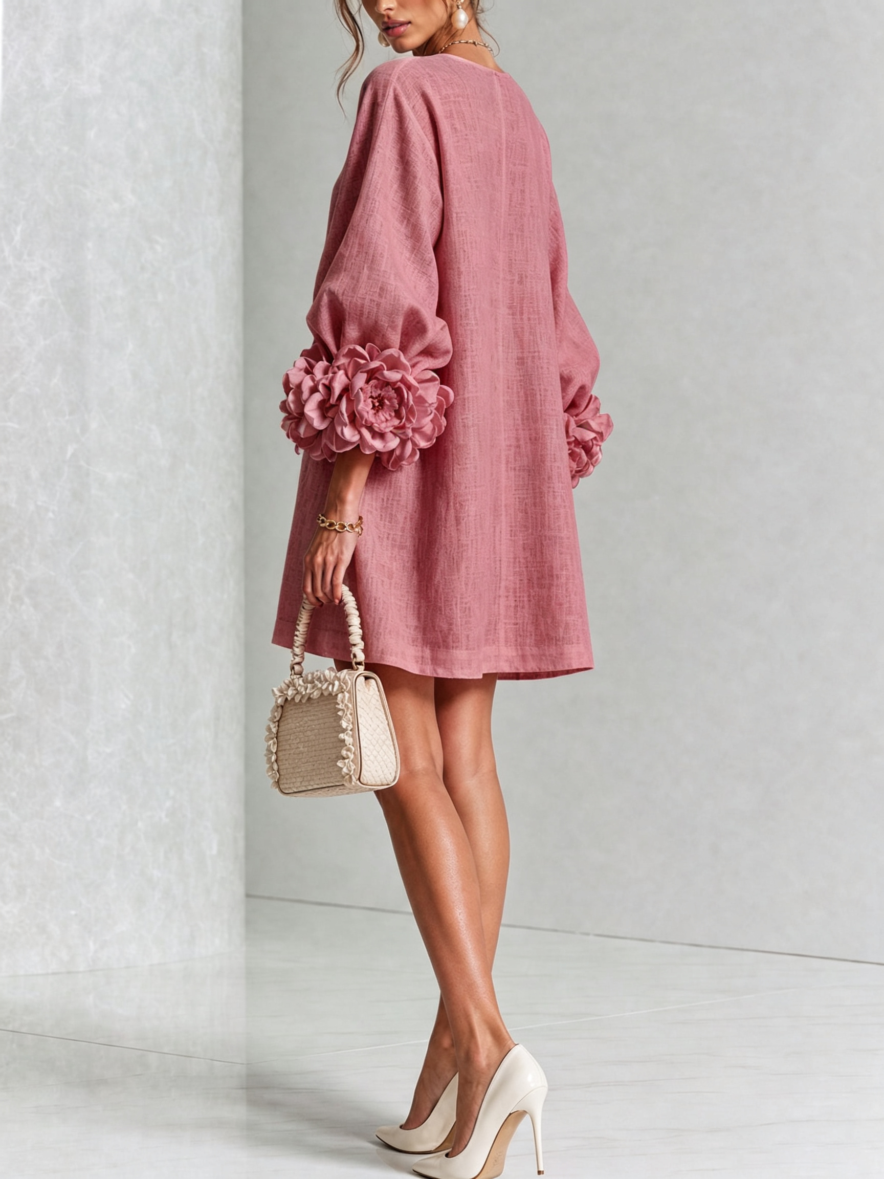 Clementine | Rosette-Cuff Button Shift Dress