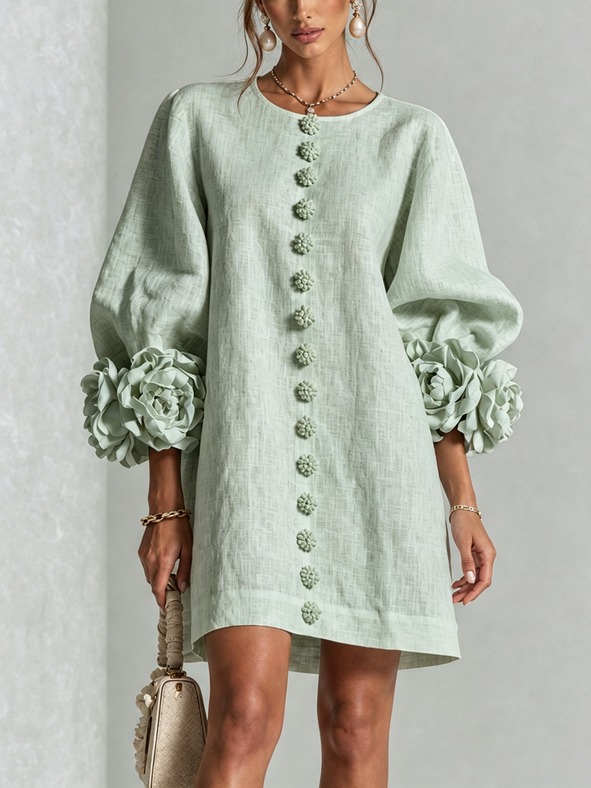 Clementine | Rosette-Cuff Button Shift Dress