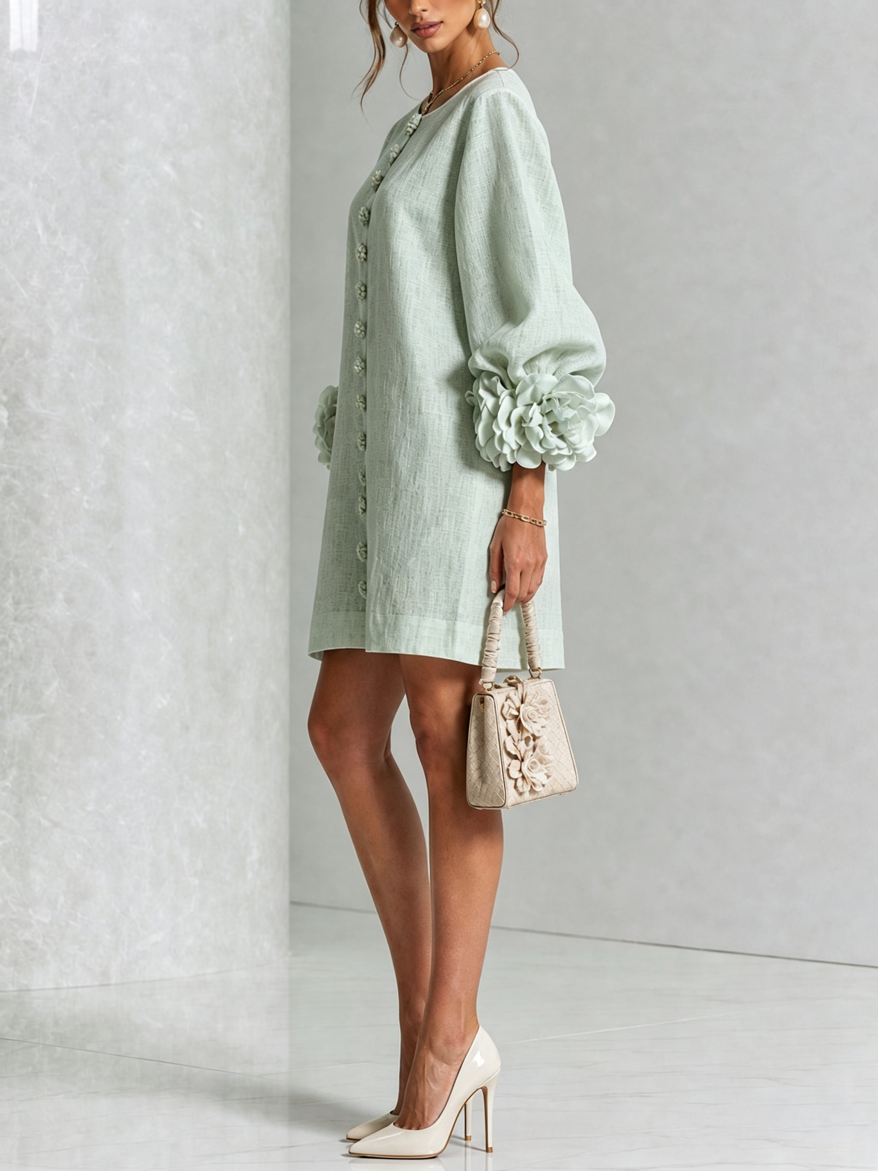 Clementine | Rosette-Cuff Button Shift Dress