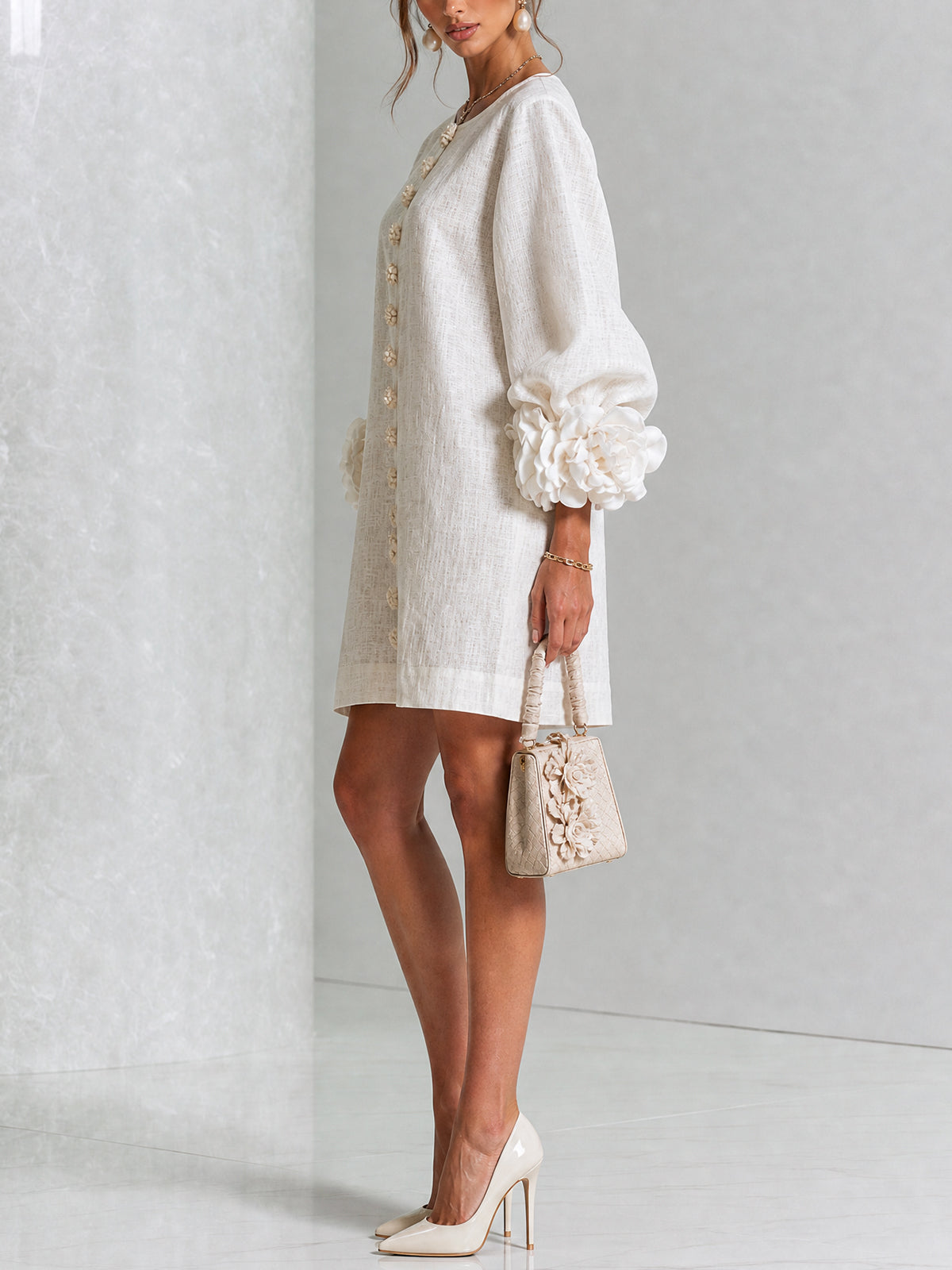 Florence™ | Floral Button-Down Mini Dress with Rose Knot Cuffs