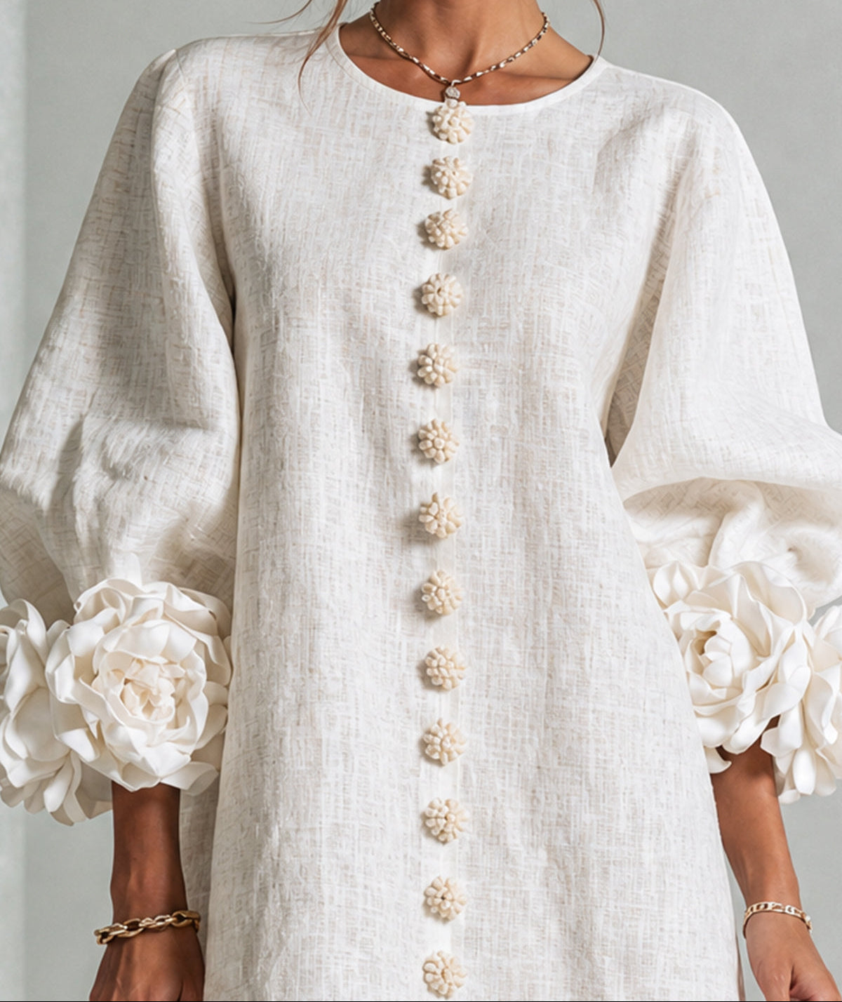 Clementine | Rosette-Cuff Button Shift Dress