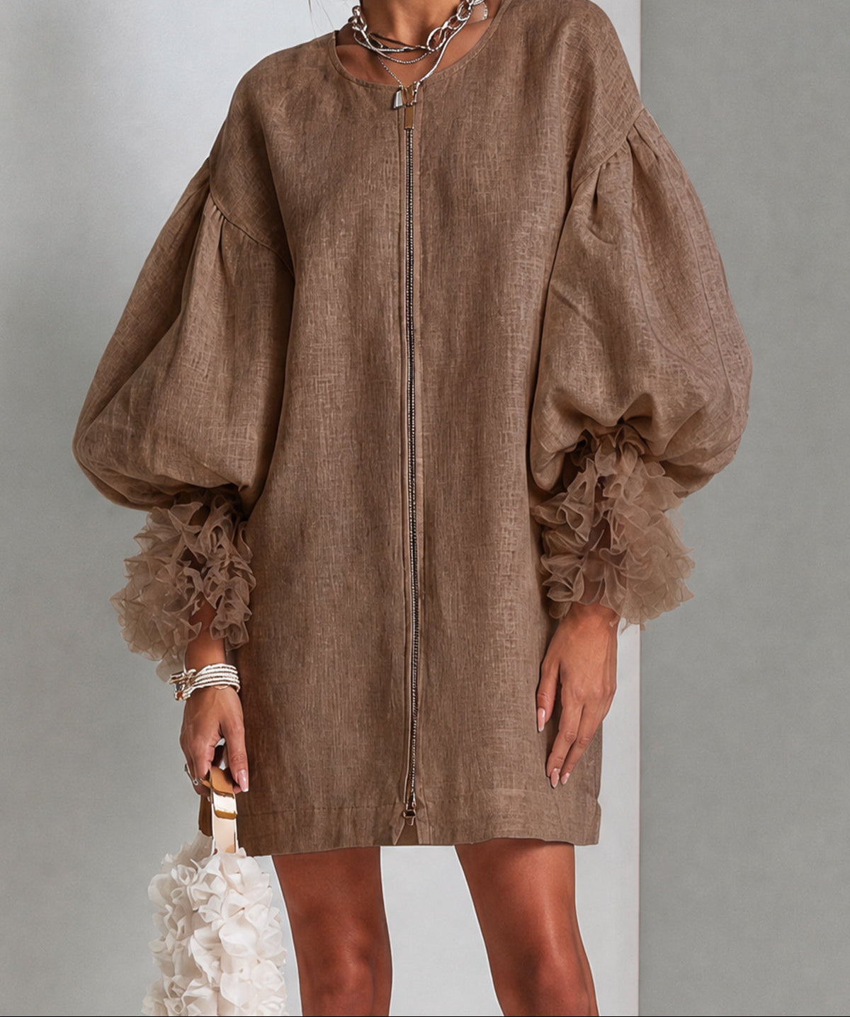 Wilhelmena | Zip-Front Balloon-Sleeve Dress with Ruffle Cuffs
