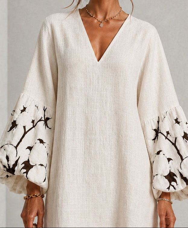 Marguerite | V-Neck Lantern-Sleeve Floral Print Dress