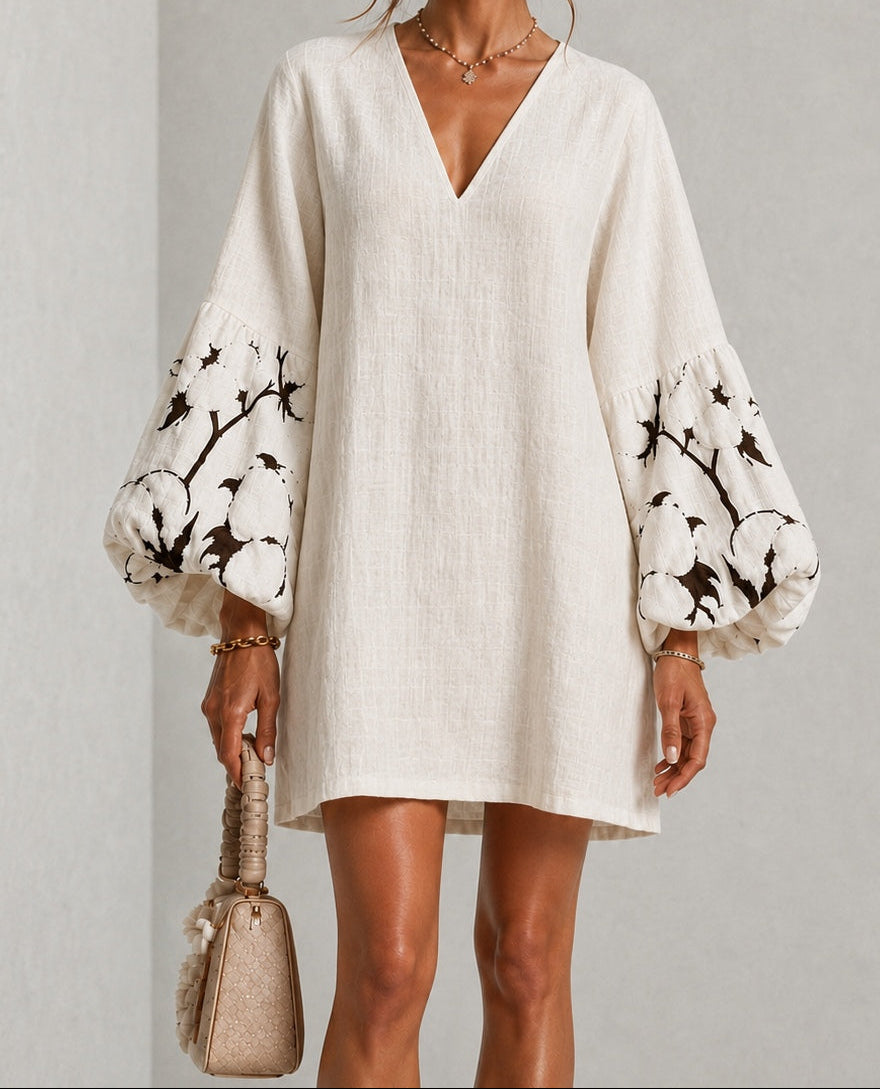 Marguerite | V-Neck Lantern-Sleeve Floral Print Dress