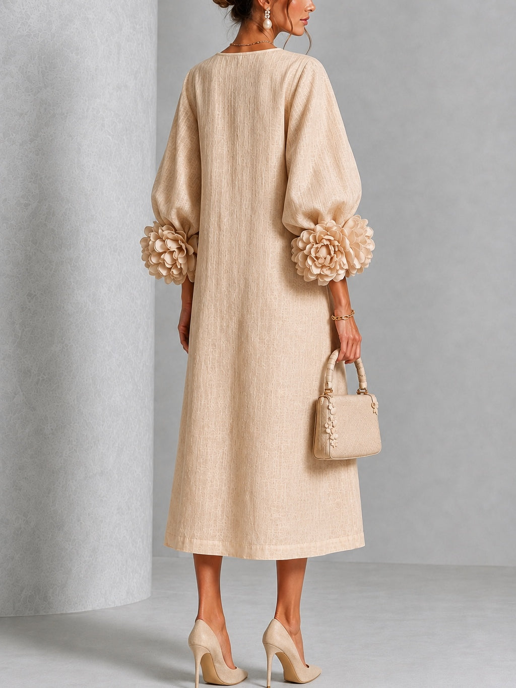 Giselle™ | Floral-Cuff Button-Front Midi Dress