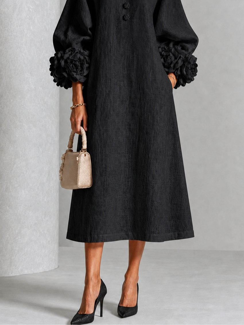 Dawnflora™ | Floral-Cuff Button-Front Midi Dress