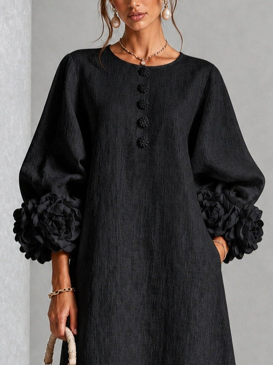 Dawnflora™ | Floral-Cuff Button-Front Midi Dress