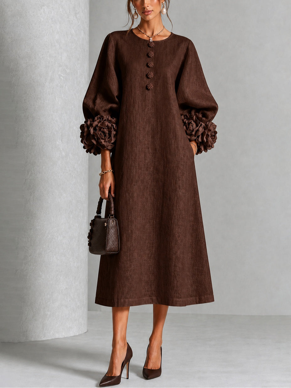 Toscana™ | Floral Button-Down Midi Dress With Sculptural Floral Cuffs