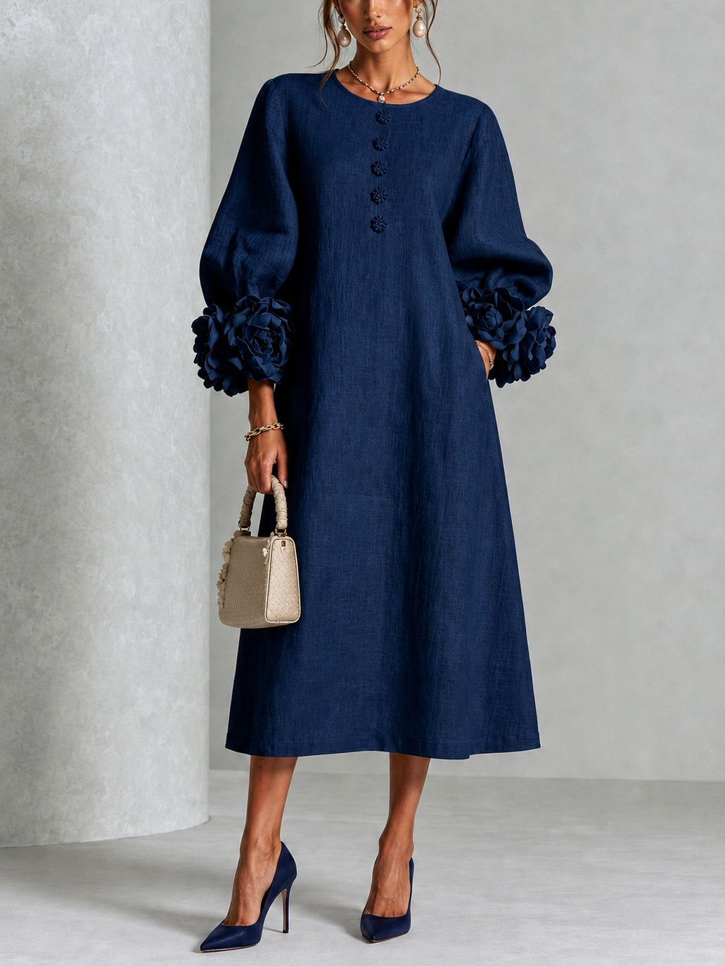 Nolaine™ | Floral-Cuff Midi Dress