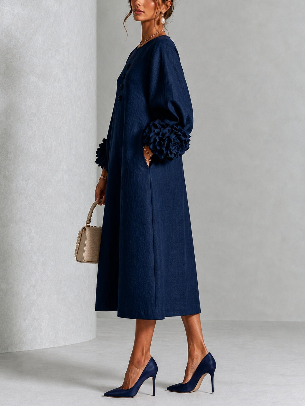 Nolaine™ | Floral-Cuff Midi Dress