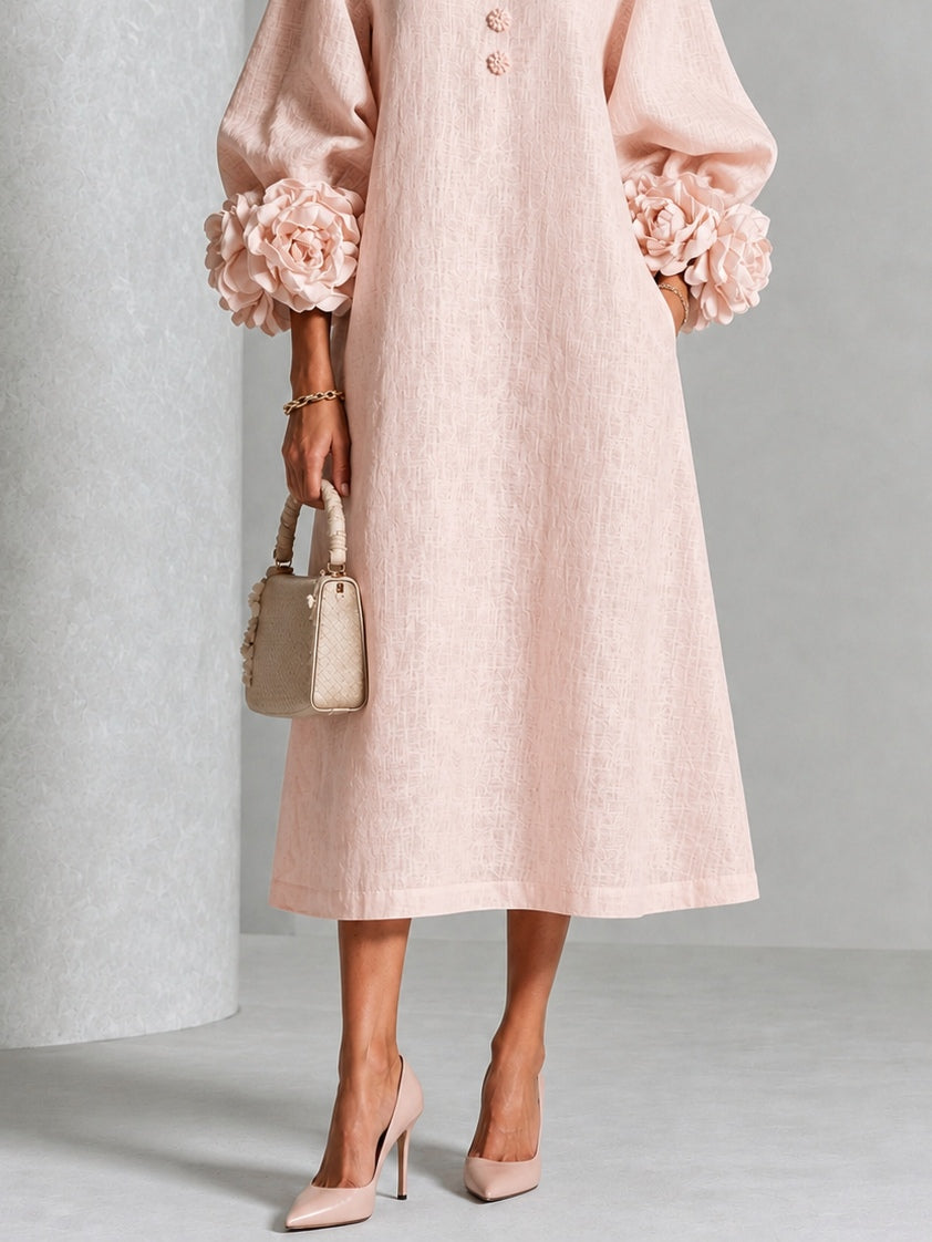 Lourença™ | Floral Cuff Button-Front Midi Dress