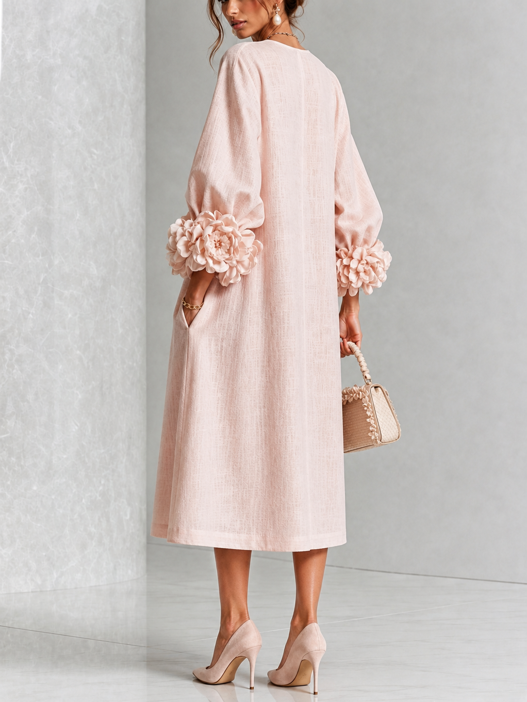 Lourença™ | Floral Cuff Button-Front Midi Dress